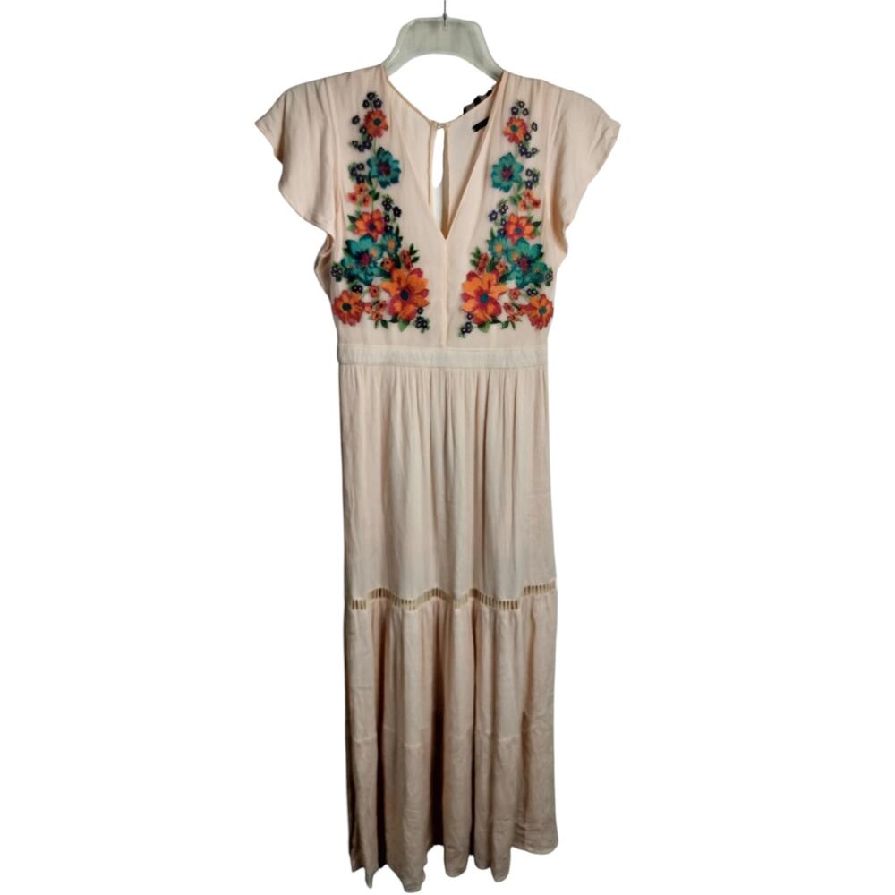 5579) Miss Me Blush Boho Floral Embroidery Side Slit Peasant Maxi Dress Small - Picture 2 of 11